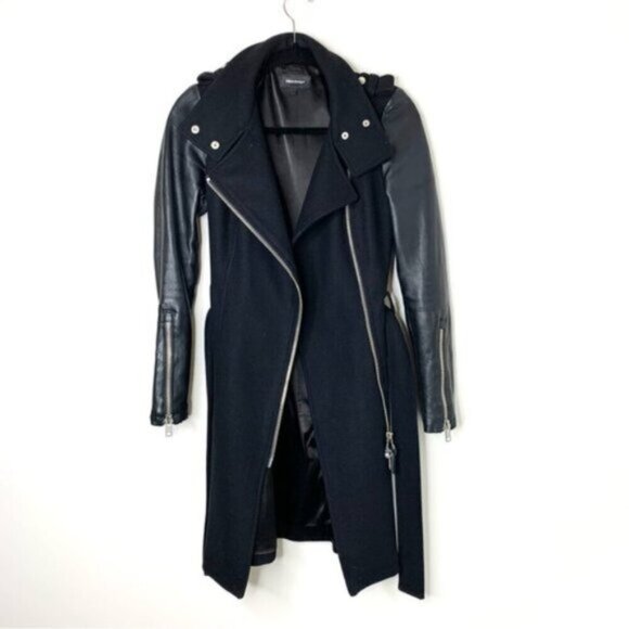 Aritzia Mackage Dale Wool Trench Coat Asymmetrical Leather Sleeves Black XXS - Picture 3 of 16